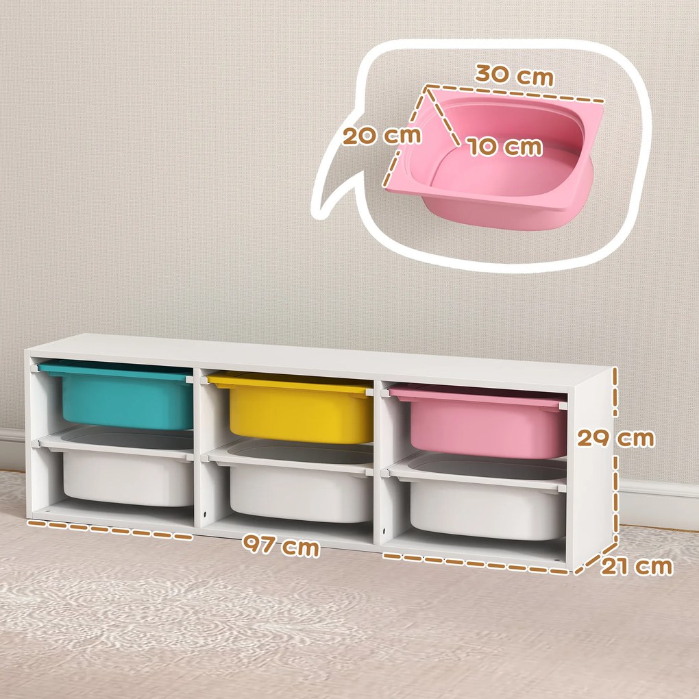 Móvel de Arrumação Infantil, 97 x 21 x 29 cm, 2 Níveis com 6 Caixas Amovíveis, Branco