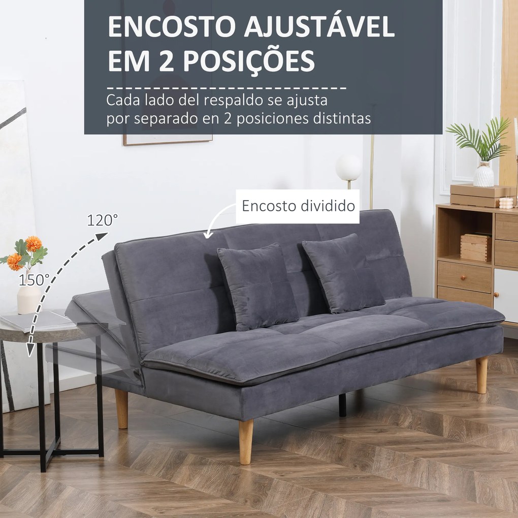 HOMCOM Sofá Cama de 3 Lugares Estofado em Flanela com Encosto Ajustável em 2 Posições 2 Almofadas e Pés de Madeira Sofá Moderno para Sala de Estar Escritório 181x92x84cm Cinza