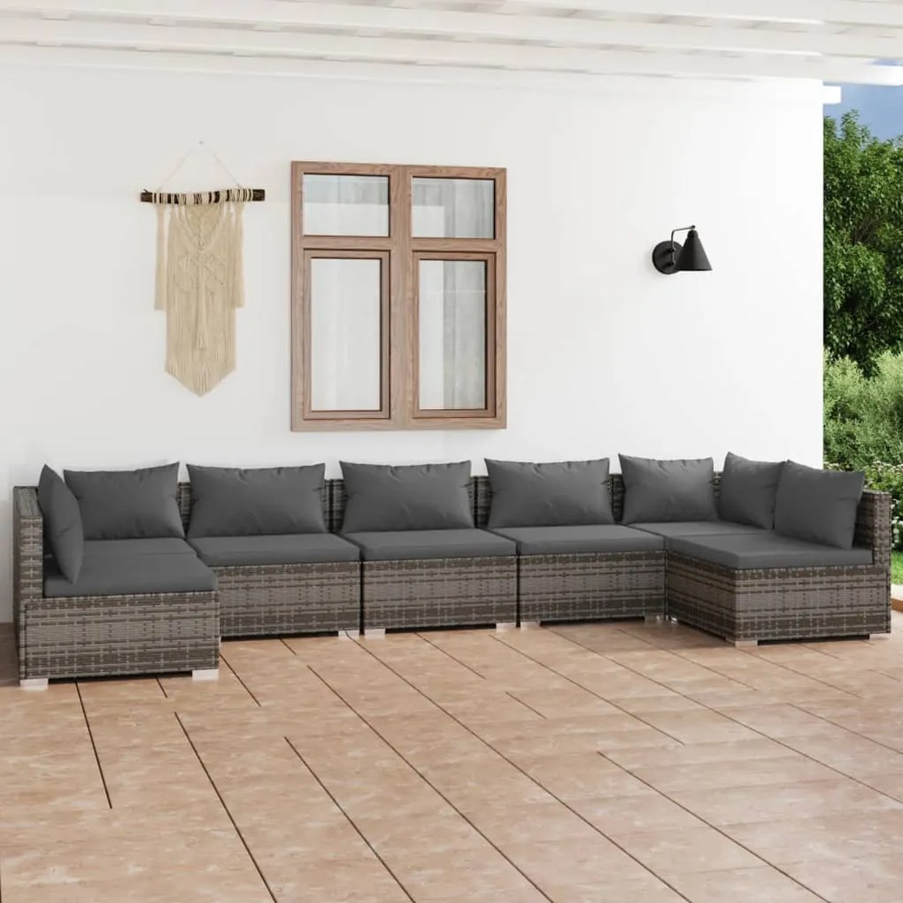 vidaXL 7 pcs conjunto lounge de jardim c/ almofadões vime PE cinzento