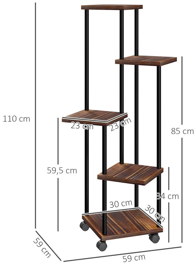 Suporte para Plantas de Madeira e Aço com 5 Prateleiras e 4 Rodas Suporte para Plantas para Interior e Exterior 59x59x110 cm Madeira