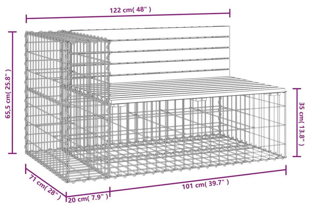 Banco de jardim c/ design gabião 122x71x65,5 cm pinho maciço