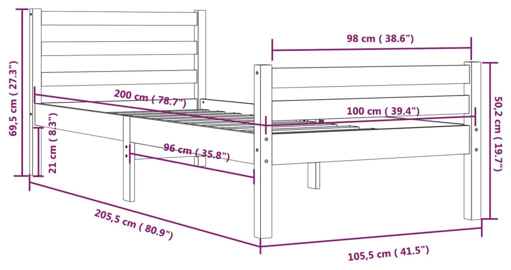 Estrutura de cama 100x200 cm madeira maciça cinzento