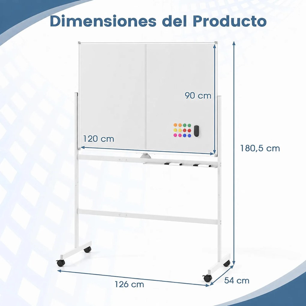 Quadro Branco Móvel, 126 x 54 x 180,5 cm, Dupla Face com Rotação de 360°, Branco