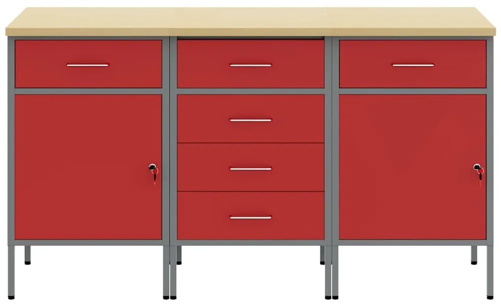 Conjunto de Armários de Trabalho 3 Peças vidaXL Vermelho e Cinza em Ma