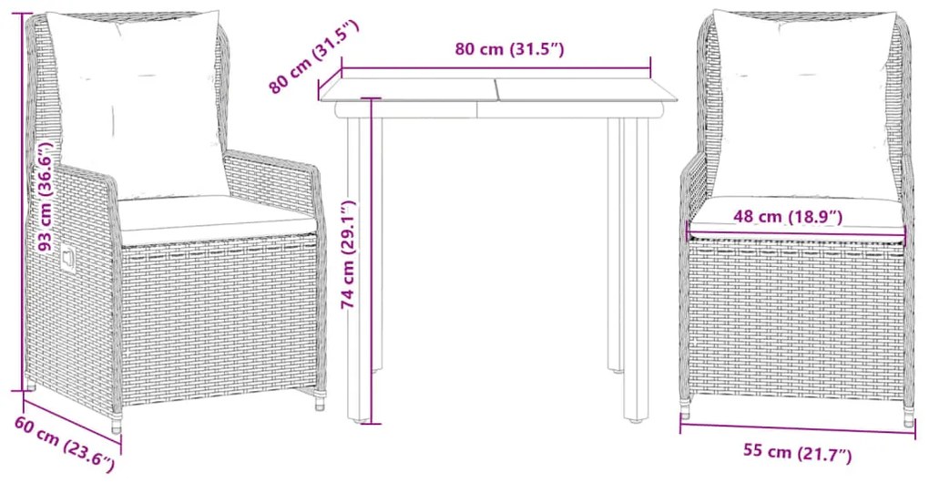 3 pcs conjunto de jantar p/ jardim c/ almofadões cinzento claro