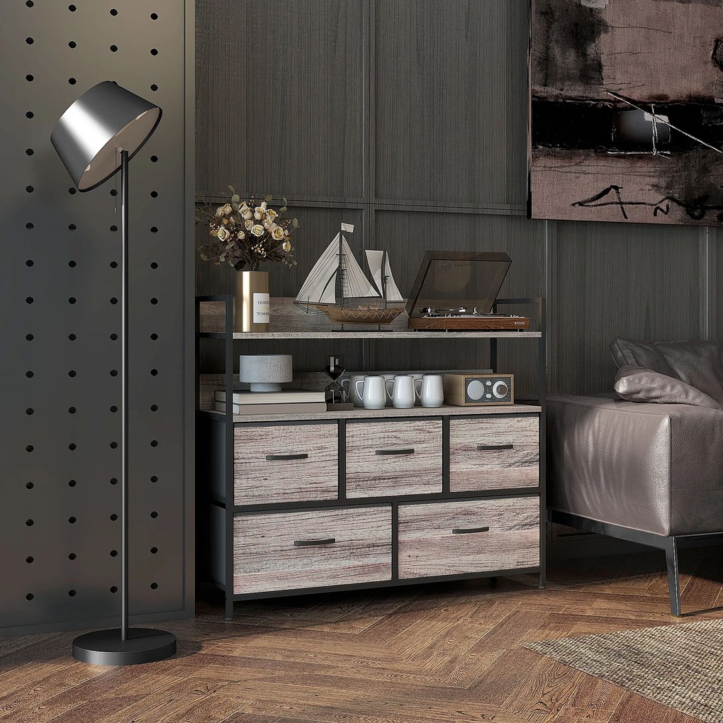 Móvel de arrumação de estilo industrial com 5 gavetas em tecido, dobráveis e removíveis, e prateleiras - 98 x 29 x 85 cm
