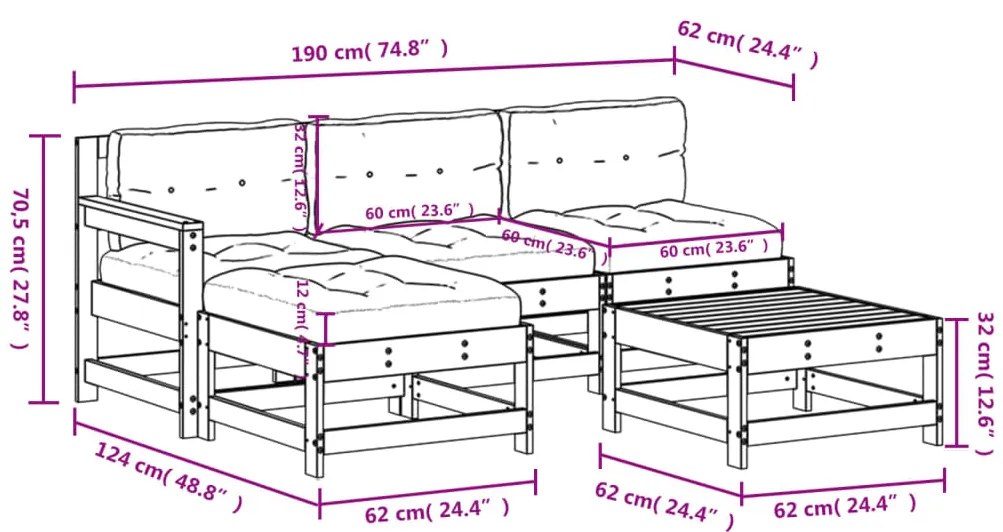 5pcs conjunto lounge jardim com almofadões madeira maciça cinza