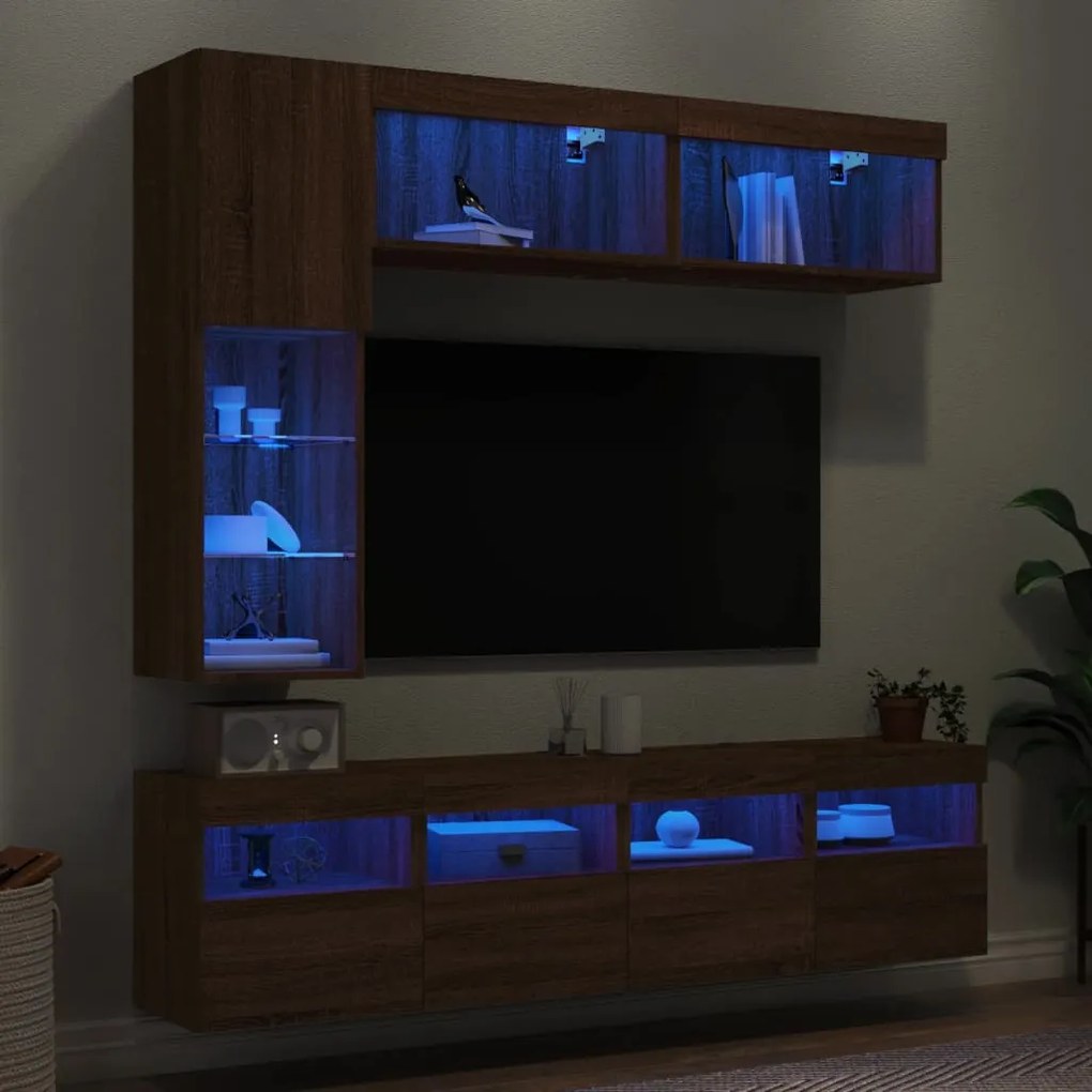 vidaXL 7 pcs conj. móveis de parede p/ TV luzes LED carvalho castanho