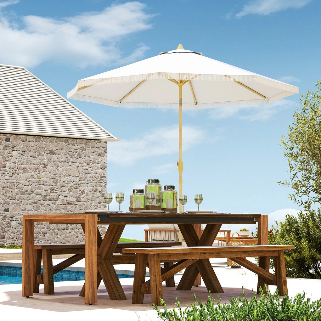 Guarda-sol de jardim inclinável com manivela e franjas, estilo boémio, 8 varas, Ø 265 x 244 cm, branco