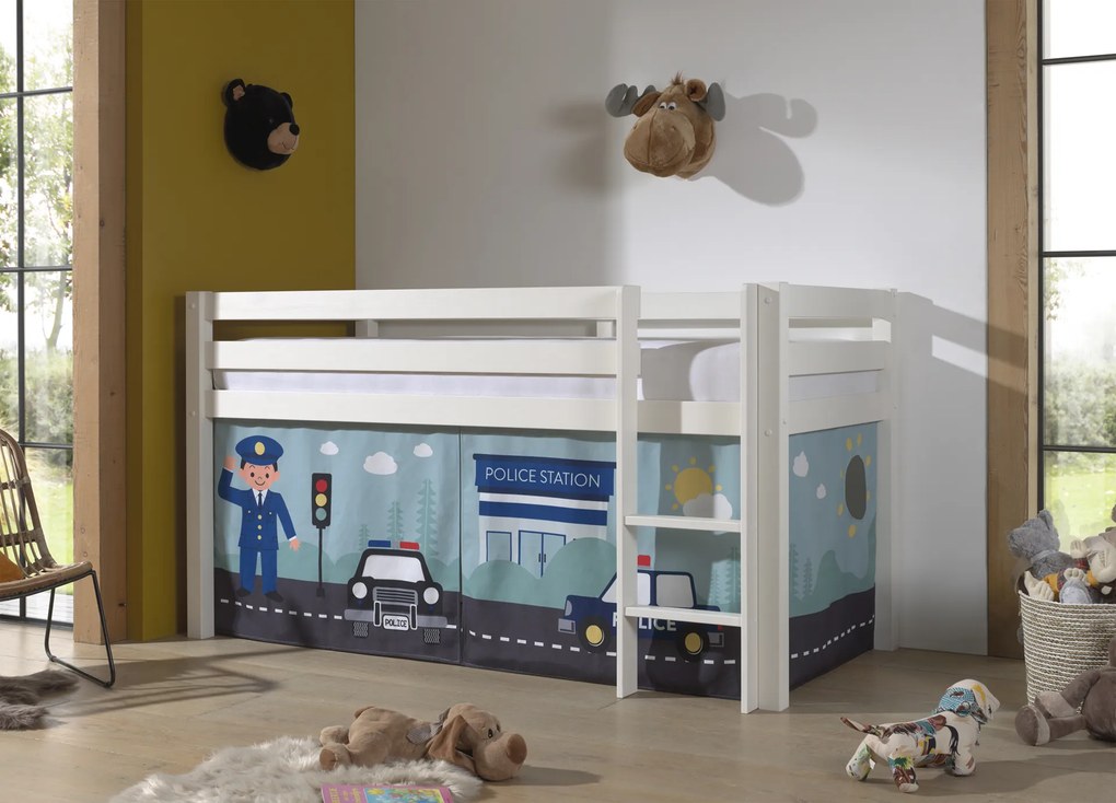 Cama alta de Criança PINO 90 x 200 cm + estrado + escada + cortina Policia Branca