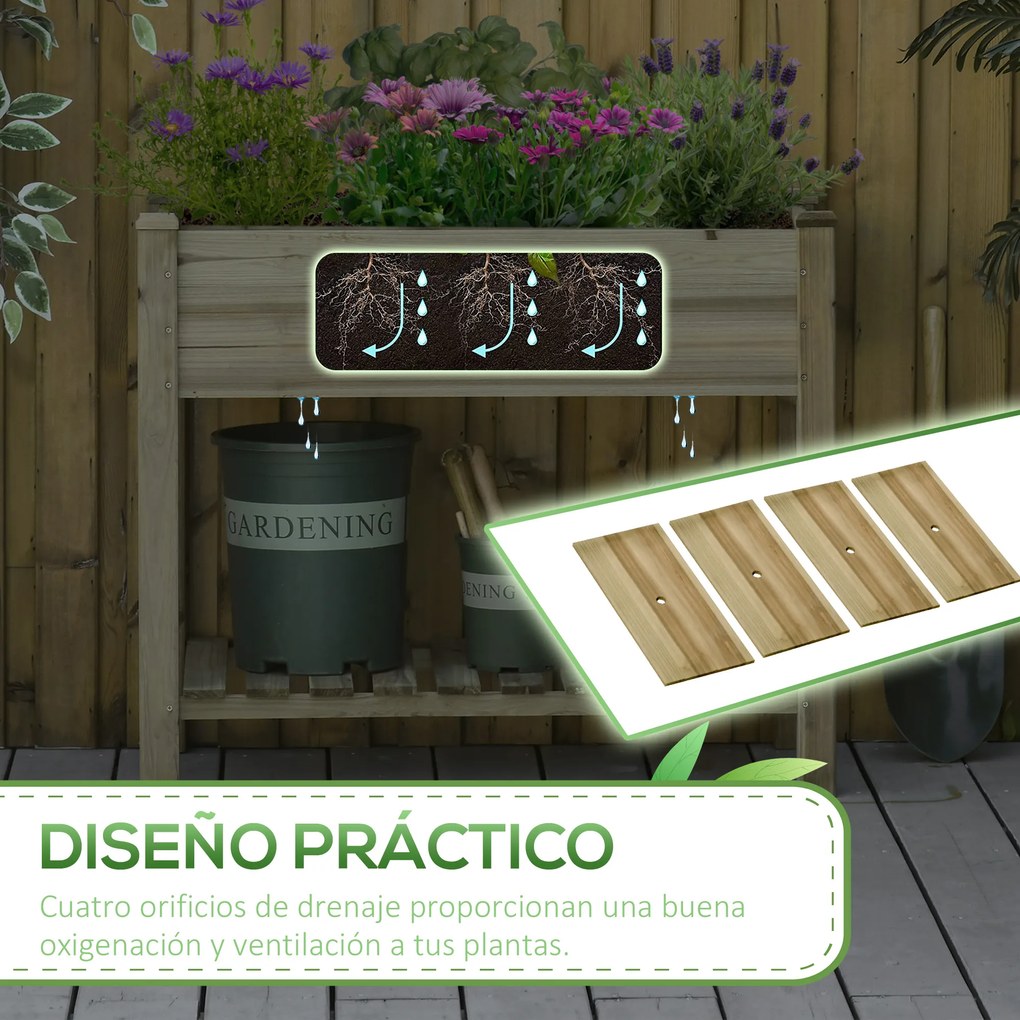 Outsunny Horta Vertical de Madeira com Prateleira 91x51x76cm Mesa de Cultivo Retangular com Orifícios de Drenagem para Cultivos de Plantas Jardim Terraço Exterior Madeira Natural