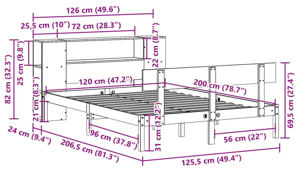 Cama com estante sem colchão 120x200 cm pinho maciço
