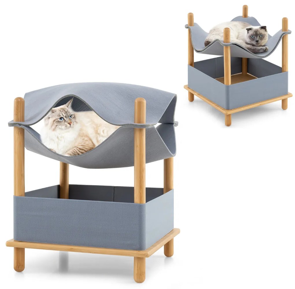 Cama para gatos de madeira de 2 níveis moderna com compartimento semi-fechado Cinzento