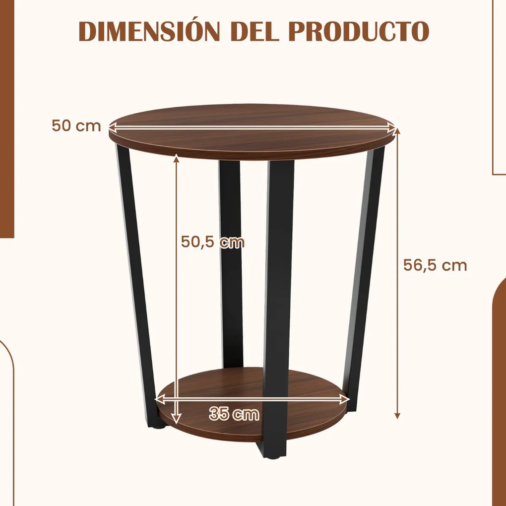 Mesa de apoio redonda de 2 níveis com estrutura metálica Mesa de cabeceira industrial para sala de estar Quarto Nogueira