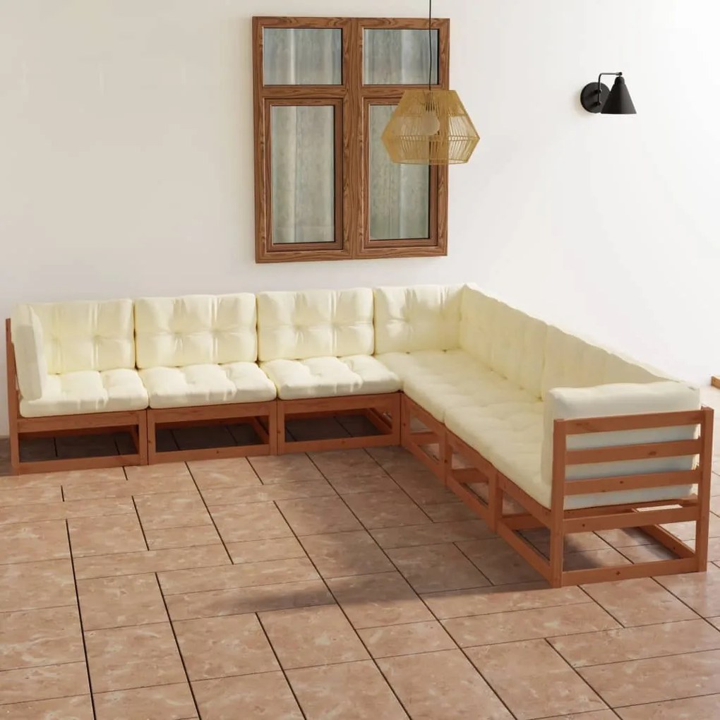 7 pcs conjunto lounge de jardim c/ almofadões pinho maciço