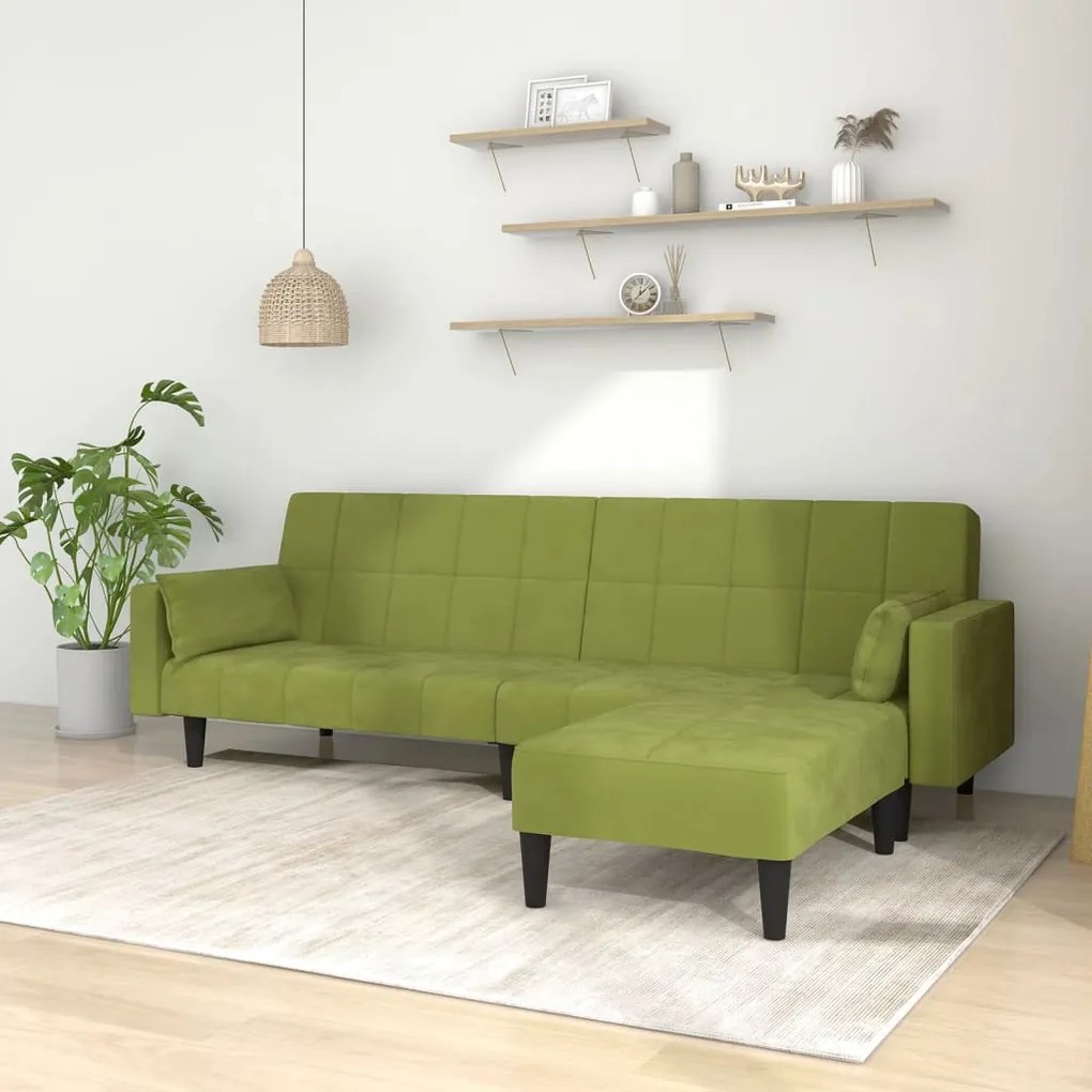 Sofá-cama 2 lug. c/ 2 almofadas/apoio de pés veludo verde-claro