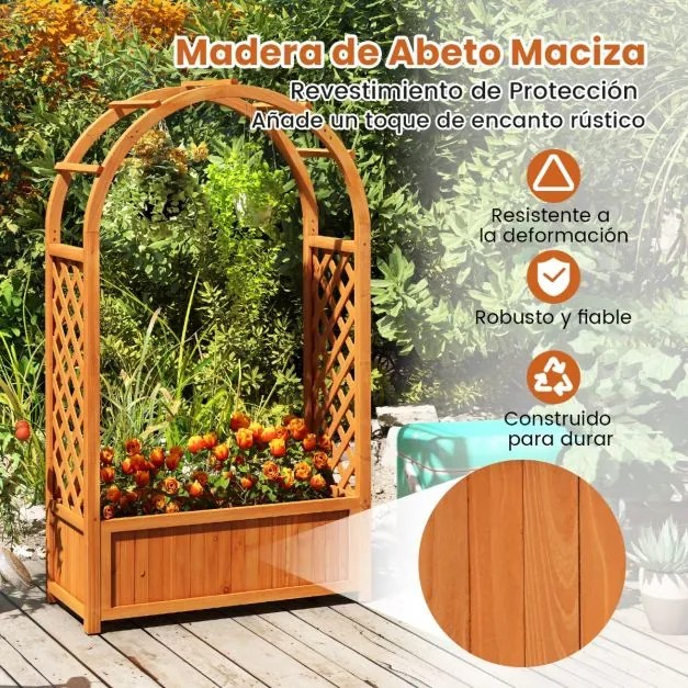 Floreira elevada com treliça em em arco 83 x 36 x 146 cm, drenagem e caixa de madeira elevada para trepadeiras, ervas e vegetais. Castanho avermelhado