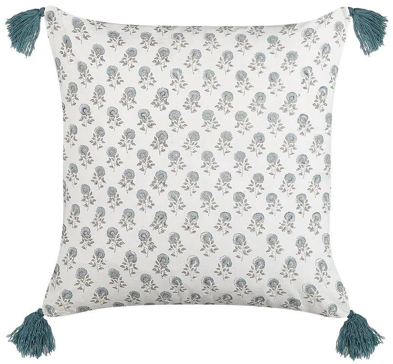 Almofada decorativa com padrão floral e borlas em algodão branco a azul 45 x 45 cm CORNUS Beliani
