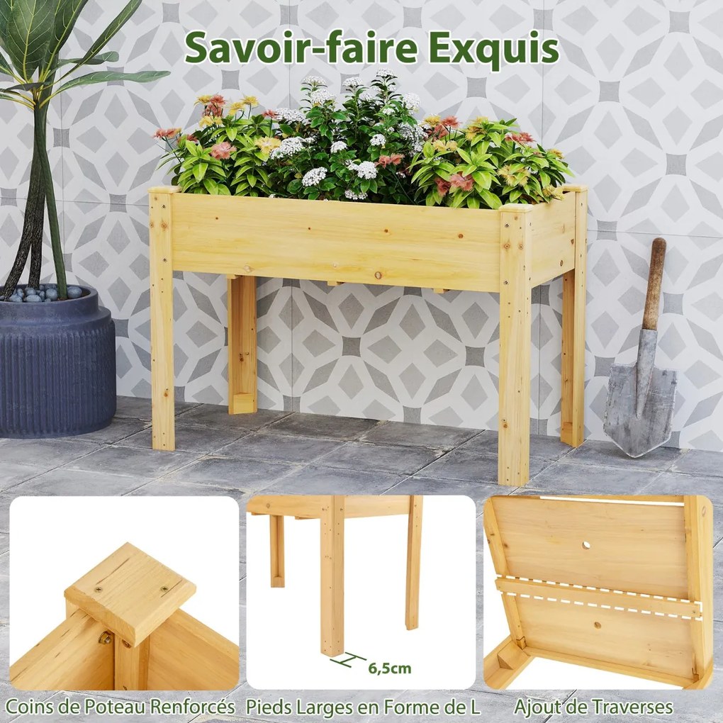 Canteiro elevado de madeira com prateleira e furos de drenagem Canteiro elevado marrom