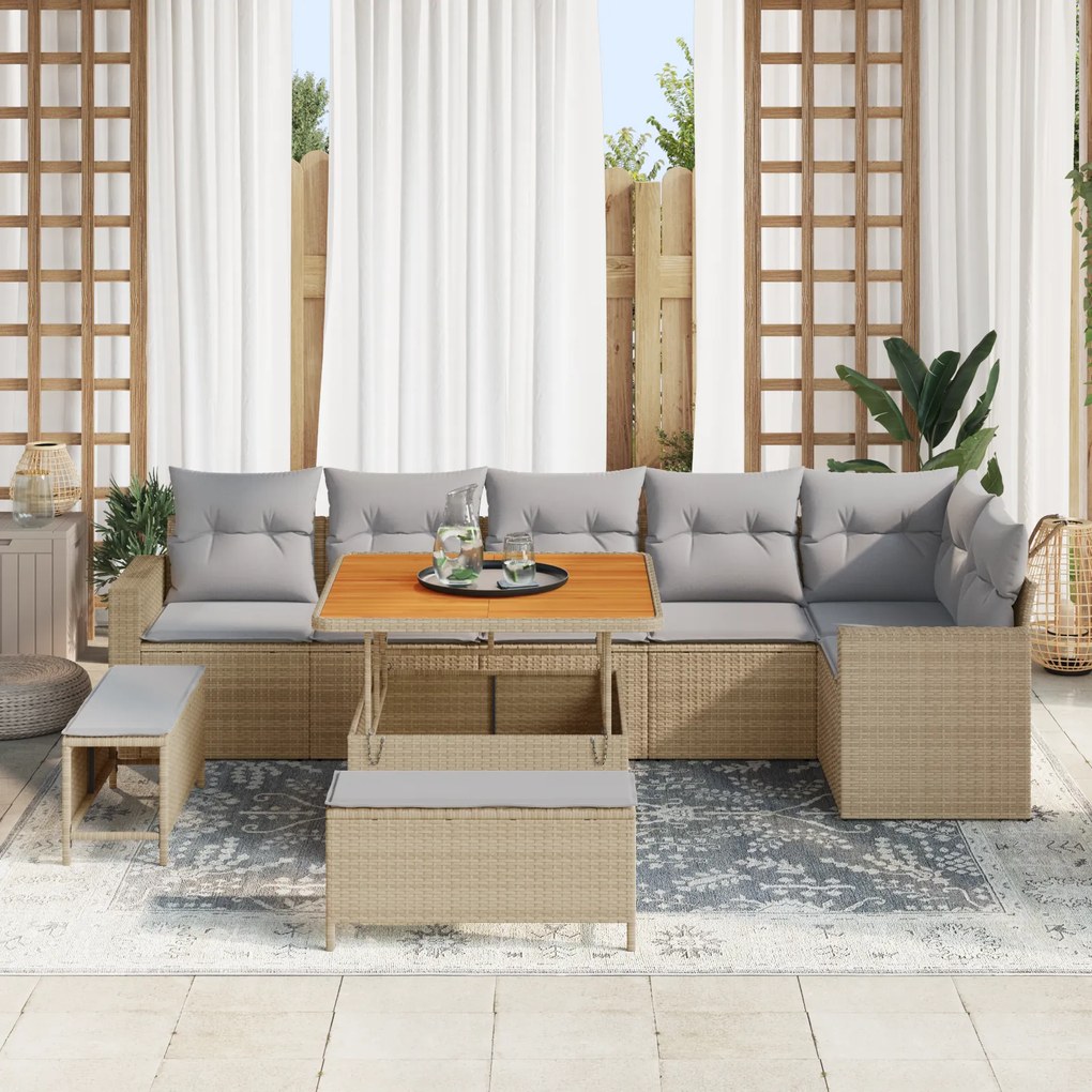 Conjunto de Sofá de Jardim vidaXL 9 Peças com Almofadas Bege Poliratan