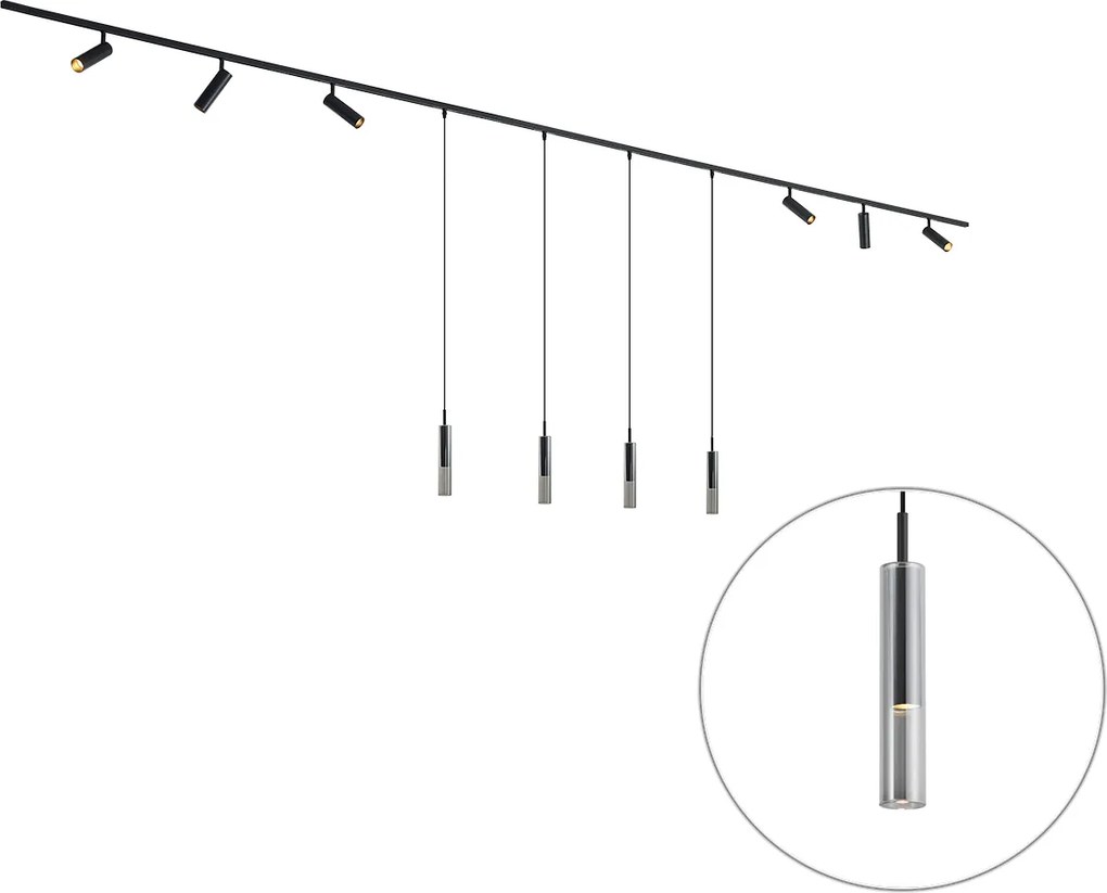 Sistema de calhas de iluminação moderno preto com 6 focos e 4 candeeiros suspensos monofásicos - Slimline Uzzy Loyce