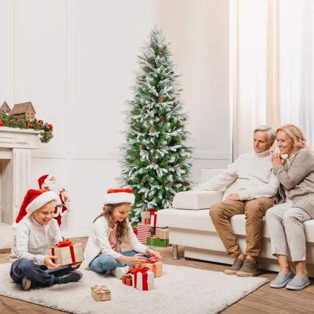 Árvore de Natal pré-iluminada de 190 cm com 280 luzes LED Neve simulada 671 ramos articulados e 60 pinhas Árvore fina Verde