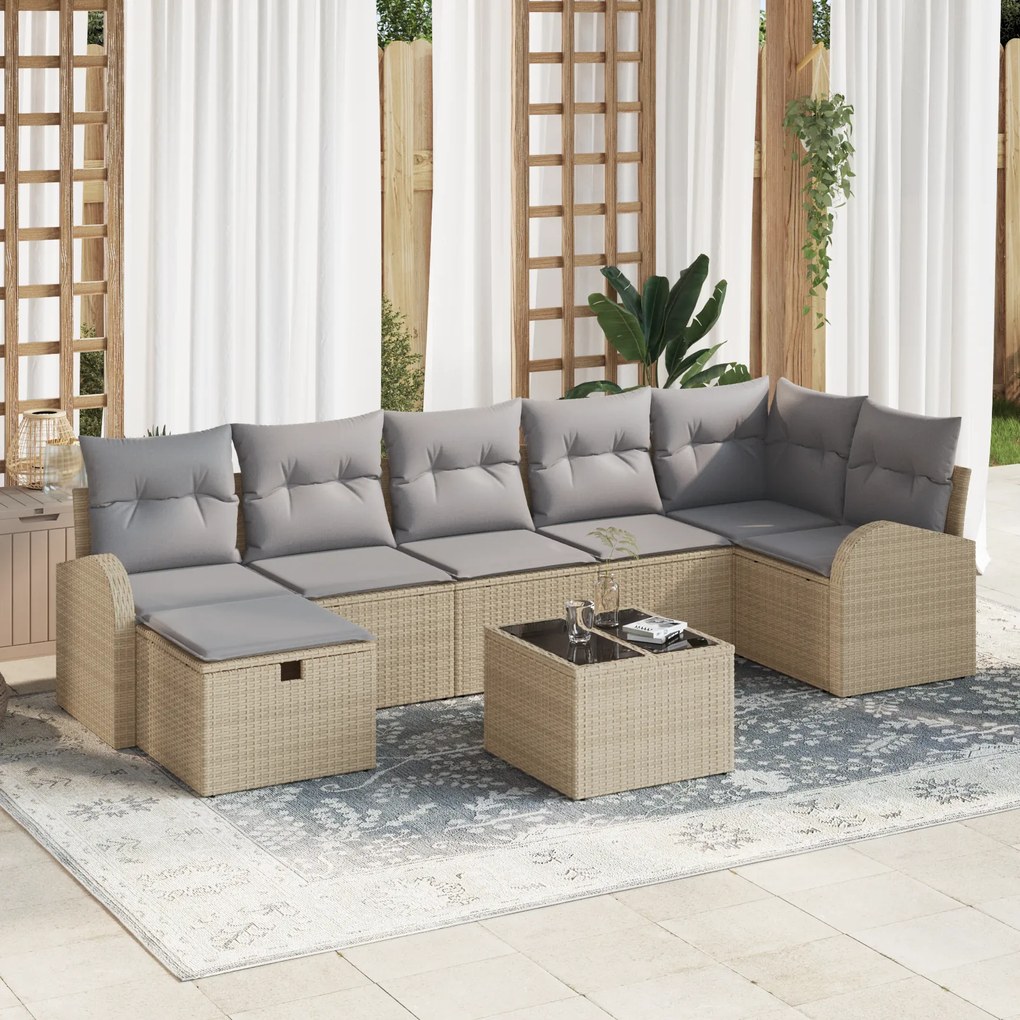 Conjunto de Sofá de Jardim de 8 Peças com Almofadas Bege Vime Poliéste