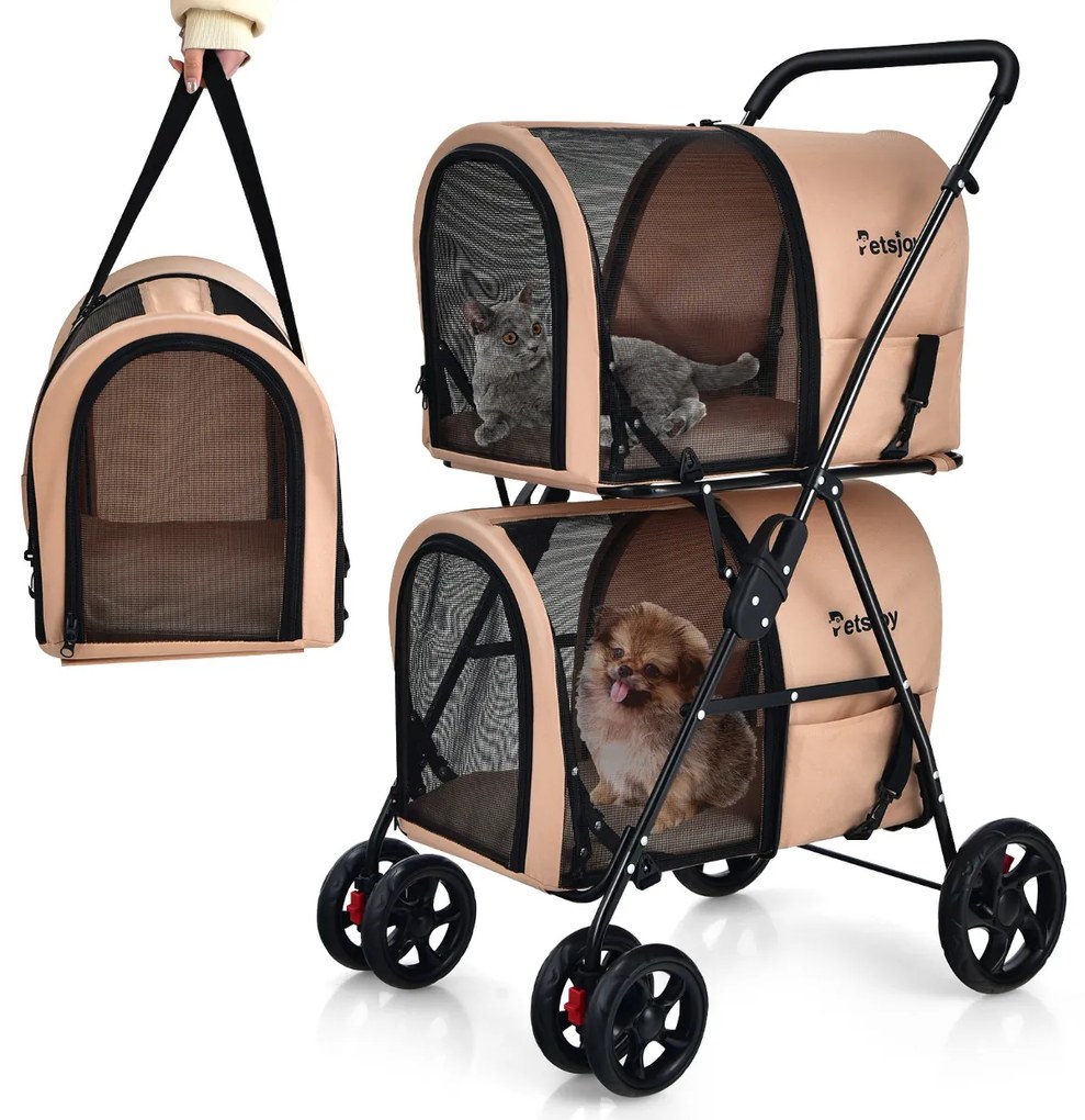 Carrinho multifuncional 4 em 1 para cães e gatos, carrinho para animais de estimação, nível duplo, destaque e duplo com 4 rodas, 51 x 68 x 107 cm, beg