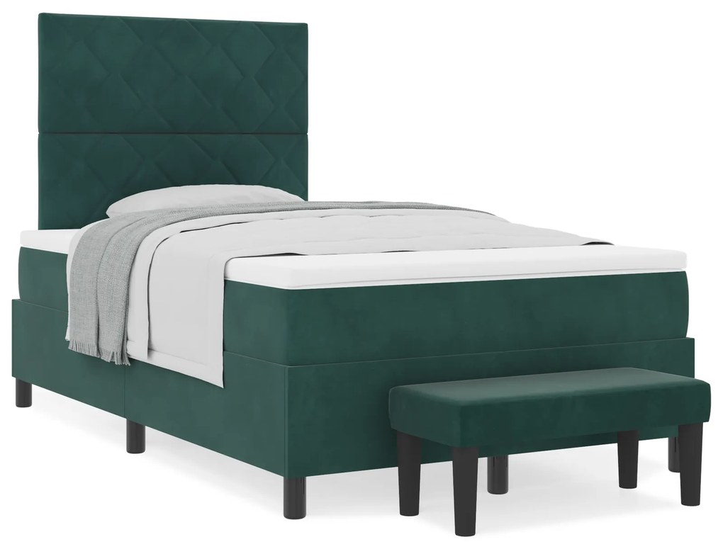 Cama Box Spring com Colchão &amp; Banco Verde Escuro 120x200 cm Veludo