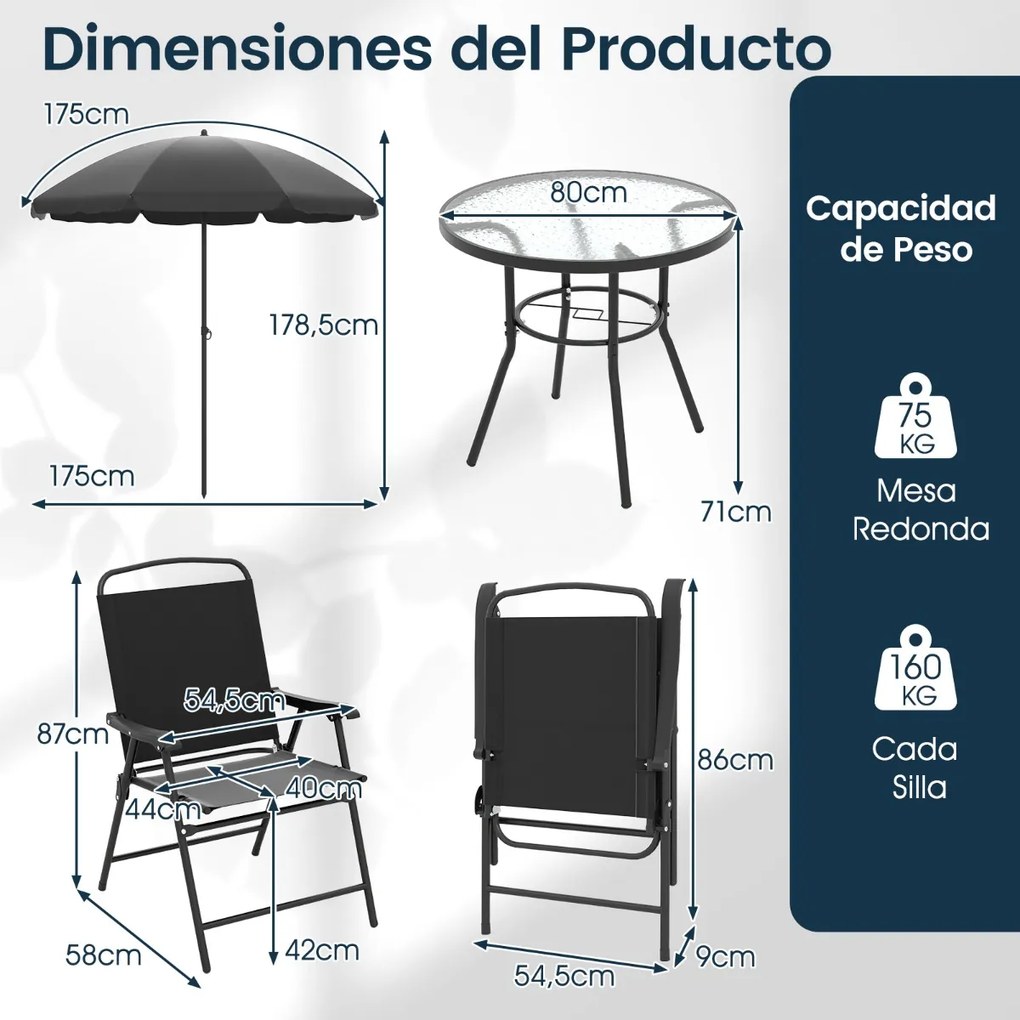 Conjunto exterior de 6 peças com guarda-sol, mesa redonda e cadeiras dobráveis para 4 pessoas para jardim, preto