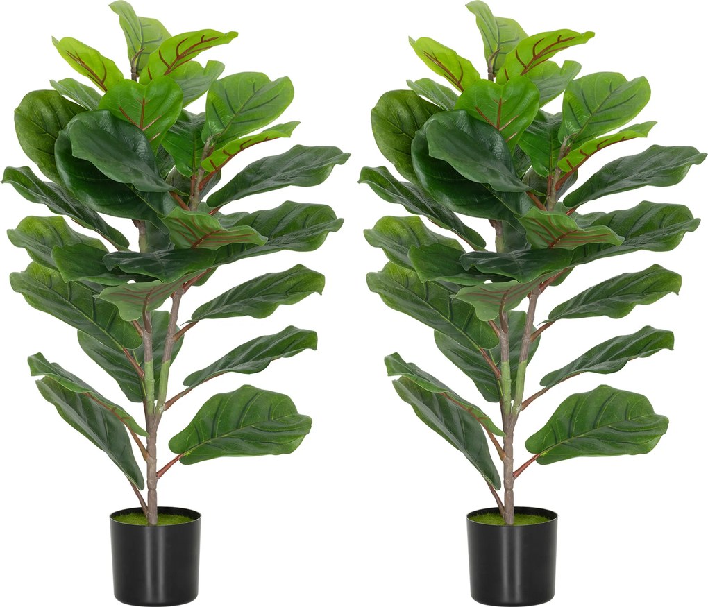HOMCOM Conjunto de 2 plantas artificiais de interior 80 cm figueira-lira artificial com vaso de plástico e flocagem verde | Aosom Portugal