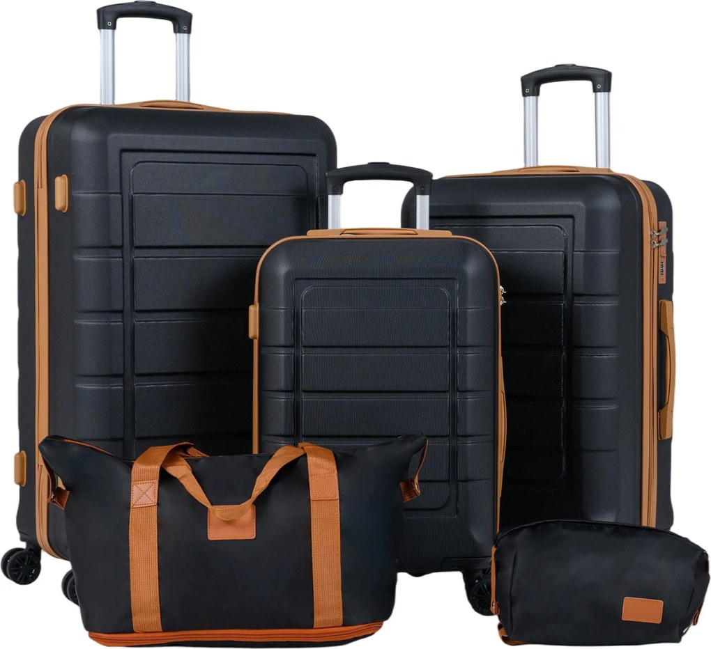 Conjunto de 5 malas rígidas em ABS com 3 tamanhos, pega telescópica, rodas duplas de 360°, fecho de segurança, expansível, bolsa de higiene e bolsa de