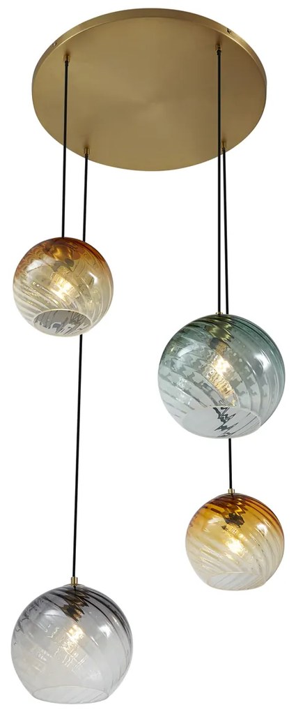 Candeeiro suspenso bronze com vidro fumado âmbar e verde redondo 4 luzes - Bao Art Deco