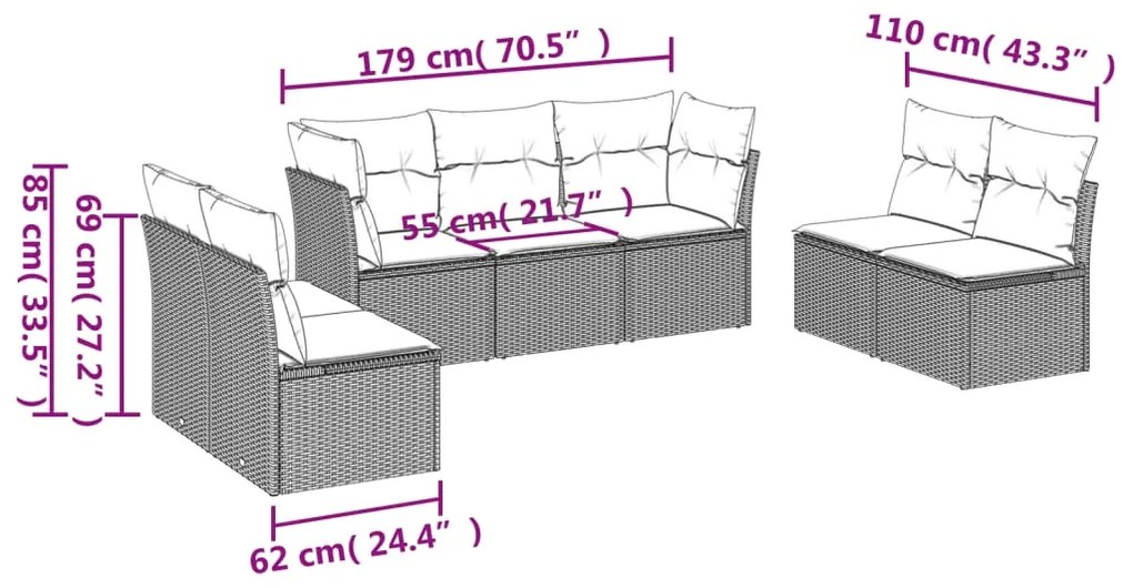 7 pcs conjunto de sofás p/ jardim c/ almofadões vime PE preto
