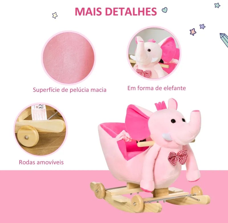 Cavalo Baloiço com Rodas e Forma de Elefante com Músicas Infantis e Cinto de Segurança 60x35x45 cm Rosa