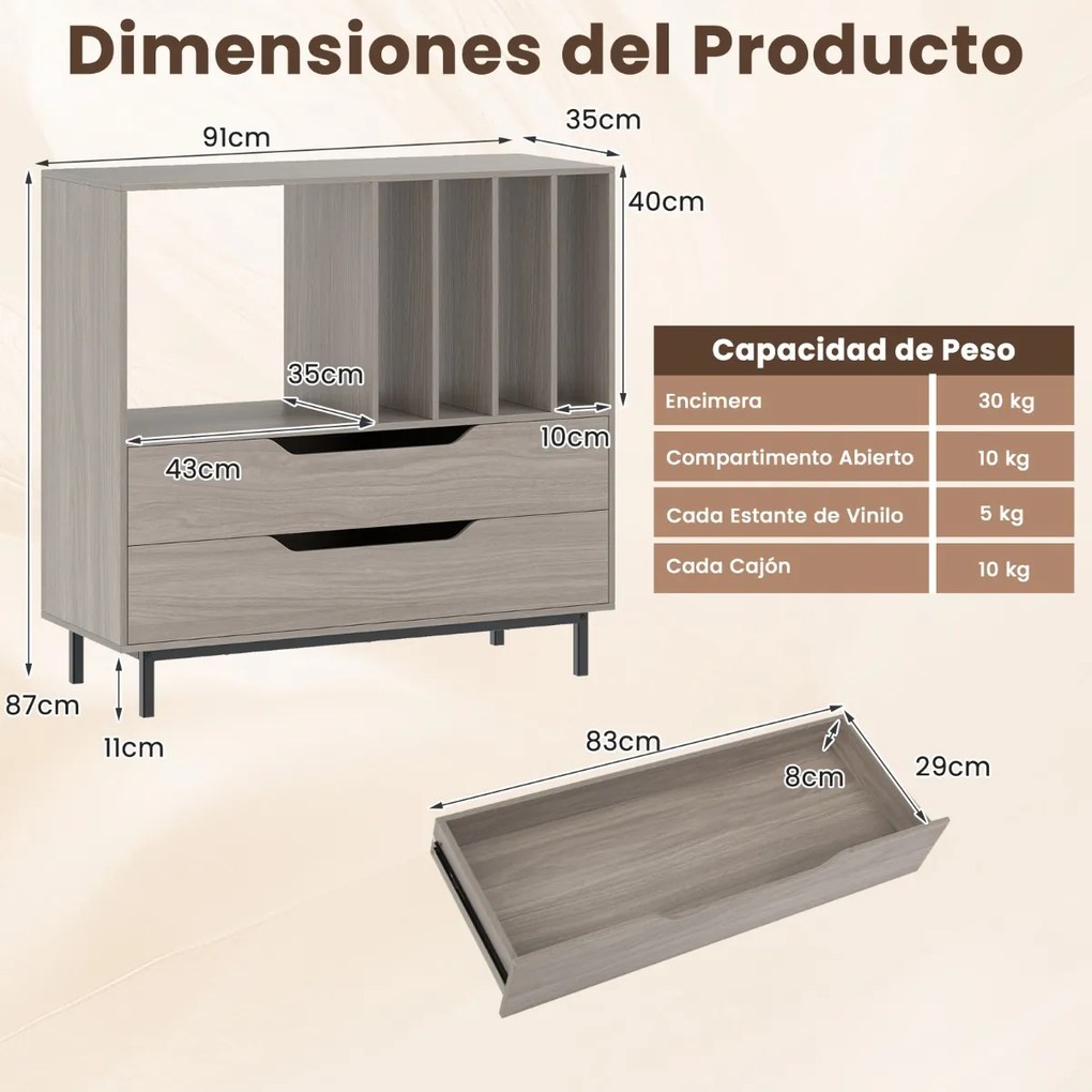 Suporte para gira-discos e para discos de vinil 91 x 36 x 87 cm com compartimento aberto 4 prateleiras e 2 gavetas e pés de metal cinzento