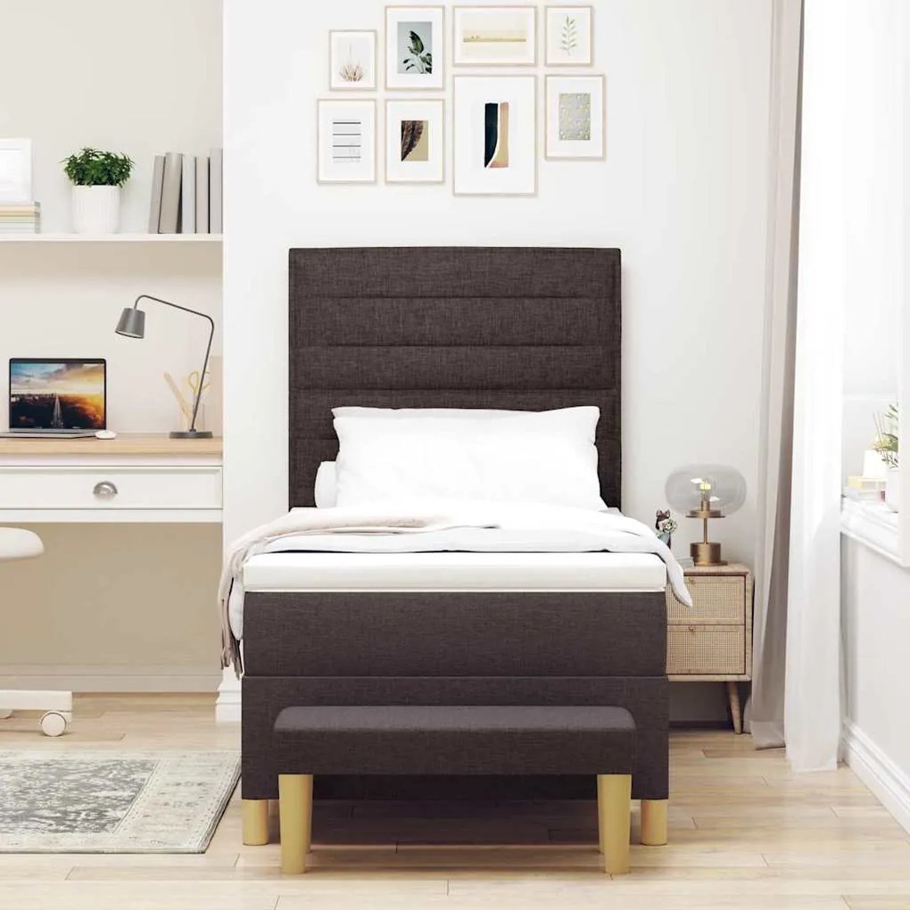 Cama Box com Colchão e Banqueta Castanho Escuro 90x200 cm Tecido