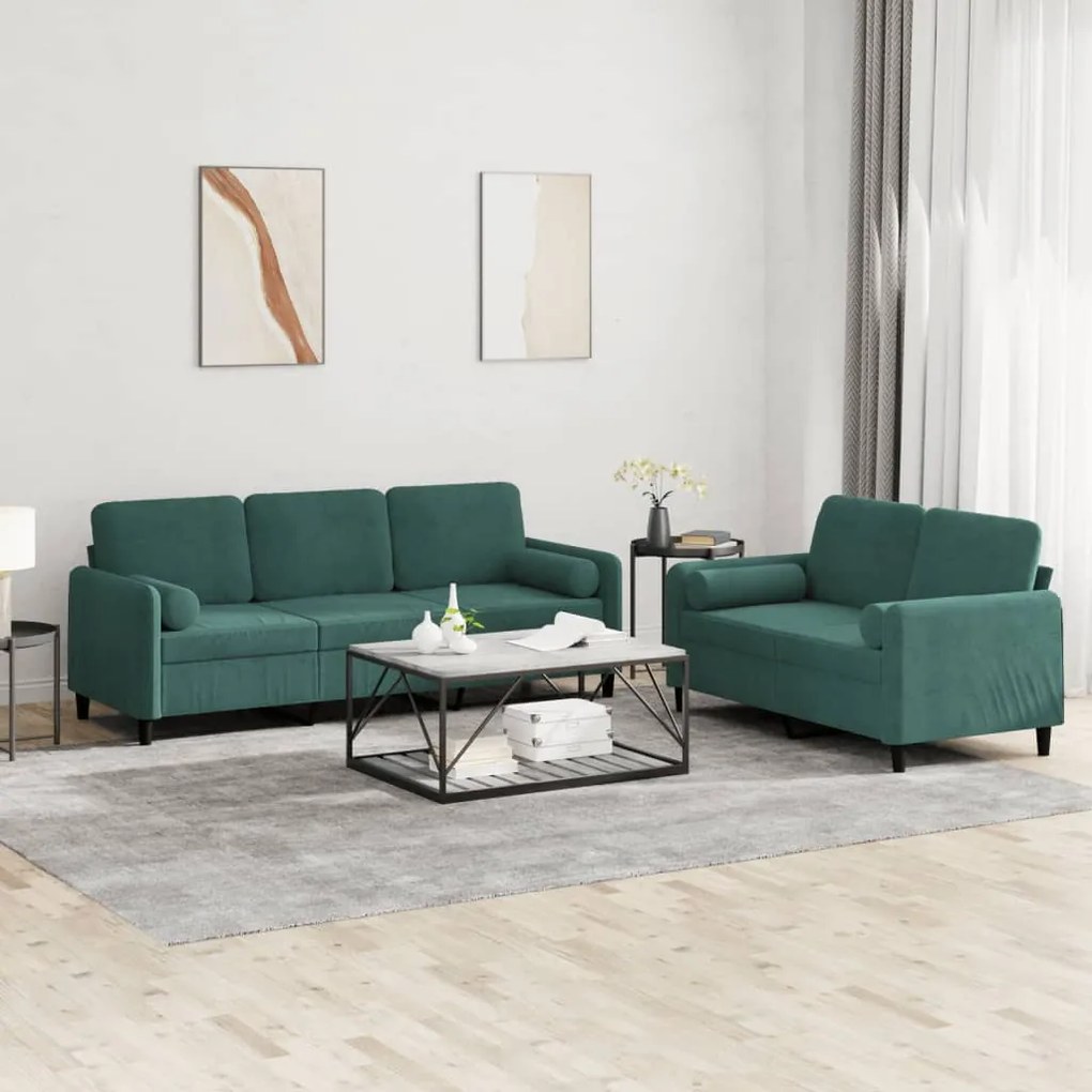 3202036 vidaXL 2 pcs conjunto de sofás com almofadas veludo verde-escuro
