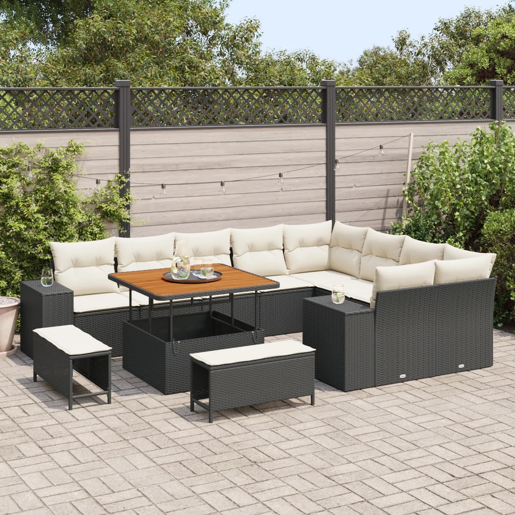 Conjunto de Sofá de Jardim de 12 peças com Almofadas Preto Polirattan
