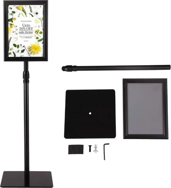 Expositor restaurantes, bares, cafés Ementas, Suporte metálico ajustável A4 Suporte de exposição de chão ajustável 73,5-118 cm Preto