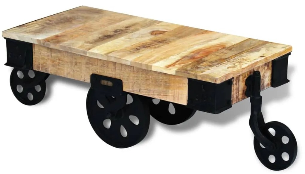 Mesa de centro + rodas em madeira de mangueira áspera