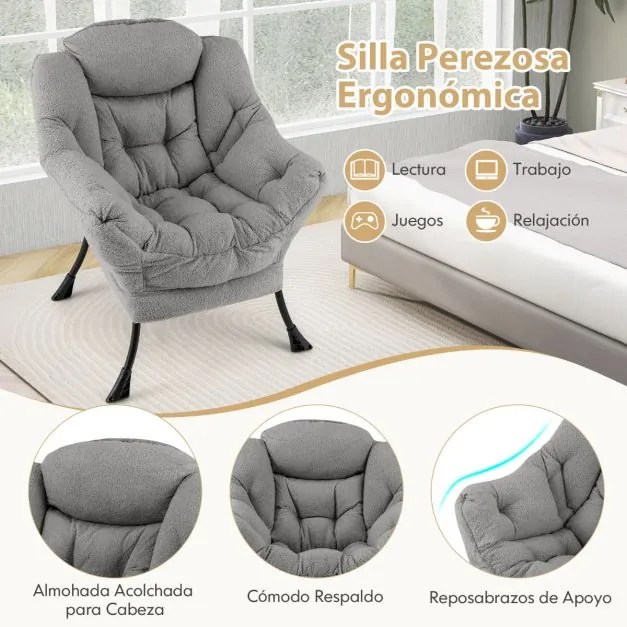 Poltrona grande estofada com almofada de cabeça acolchoada Apoios de braços e bolsa Poltrona Sofá para sala de estar Quarto Cinzenta