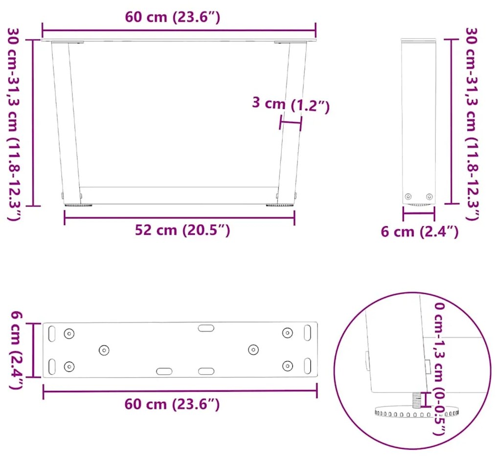 Mesa de jantar pernas 2pcs forma de V 60x(30-31,3)cm aço branco