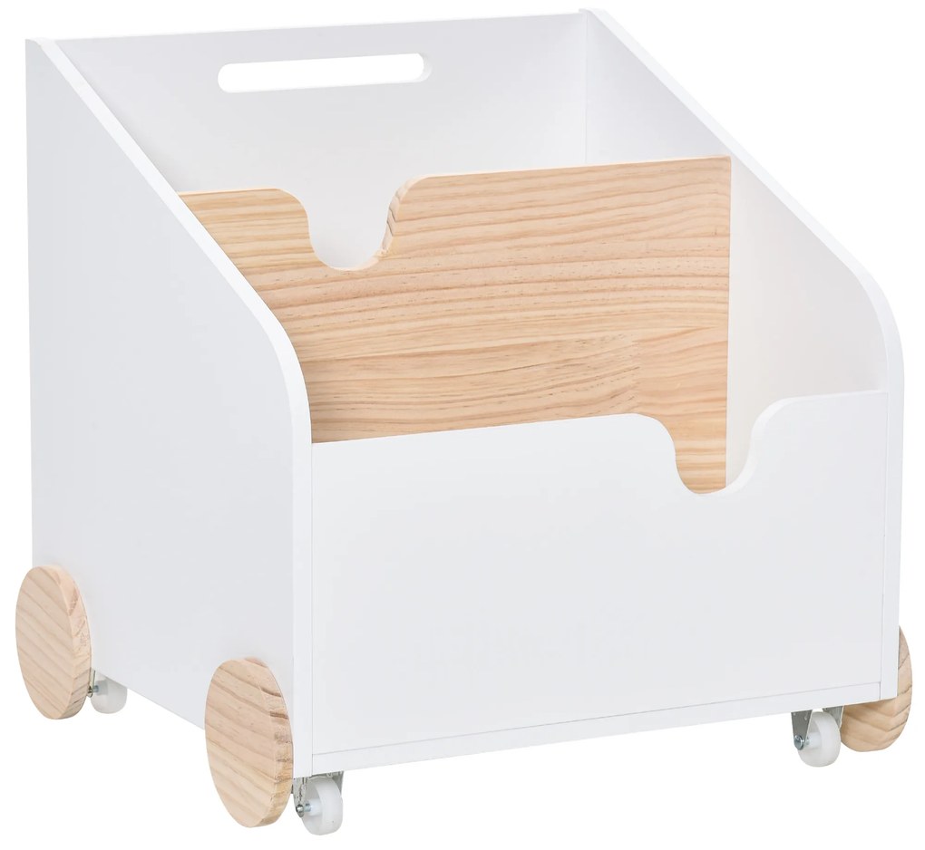 Caixa de Armazenamento de Brinquedos de 2 Seções com Rodas Puxador Carrinho de Madeira Infantil 40x43x43cm Branco e Madeira Natural