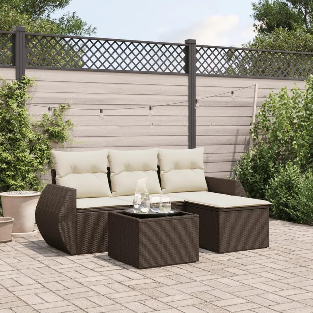 vidaXL 5 pcs conjunto sofás p/ jardim c/ almofadões vime PE castanho