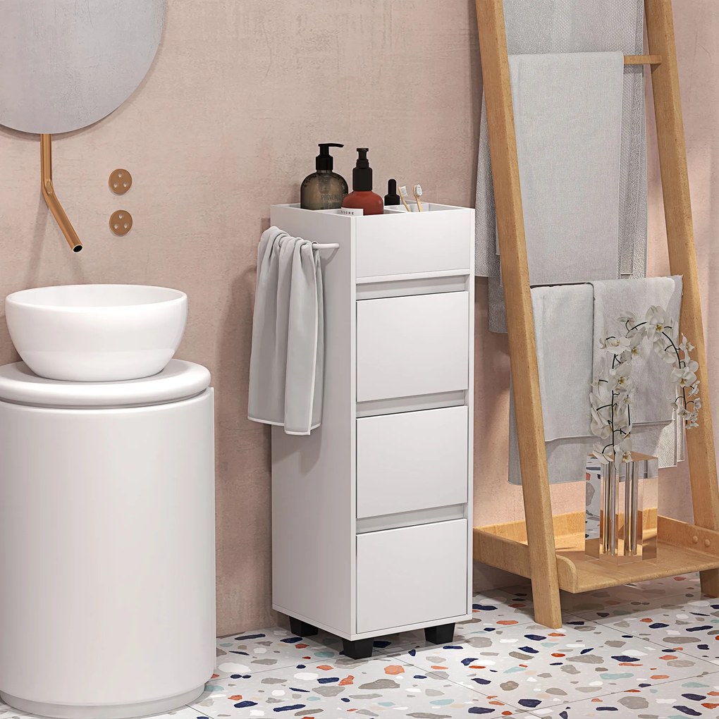 Móvel de arrumação para casa de banho com 4 compartimentos, 3 gavetas e toalheiro, 35 x 30 x 90 cm, branco
