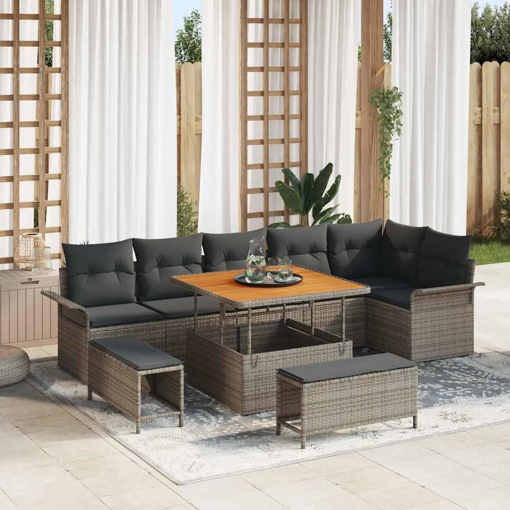 vidaXL Conjunto de Sofá de Jardim de 9 Peças com Almofadas Cinzas em Rattan Sintético e Acácia.