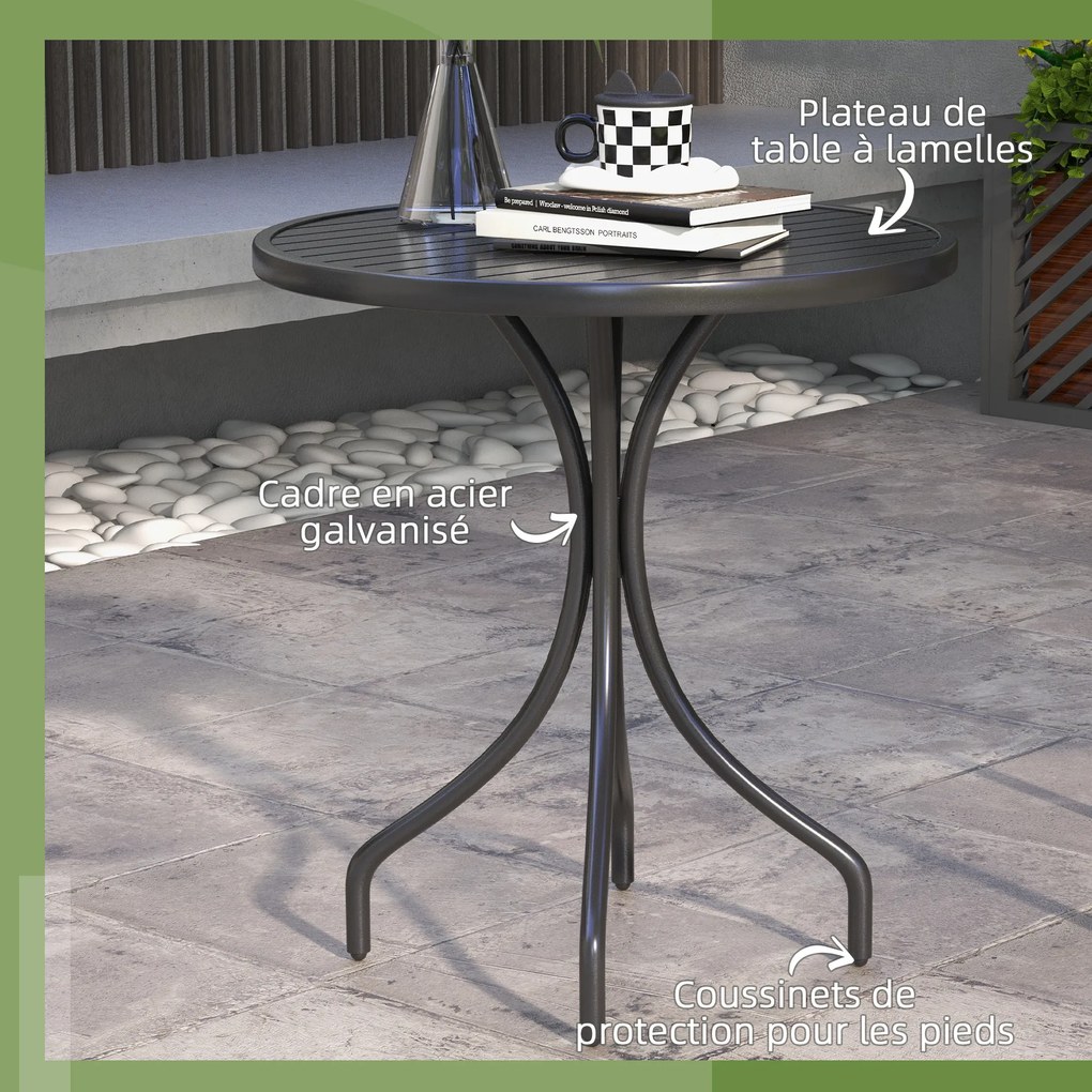 Mesa de jardim redonda Ø66 cm, mesa de exterior em aço galvanizado com tampo de ripas para terraço ou varanda, preta