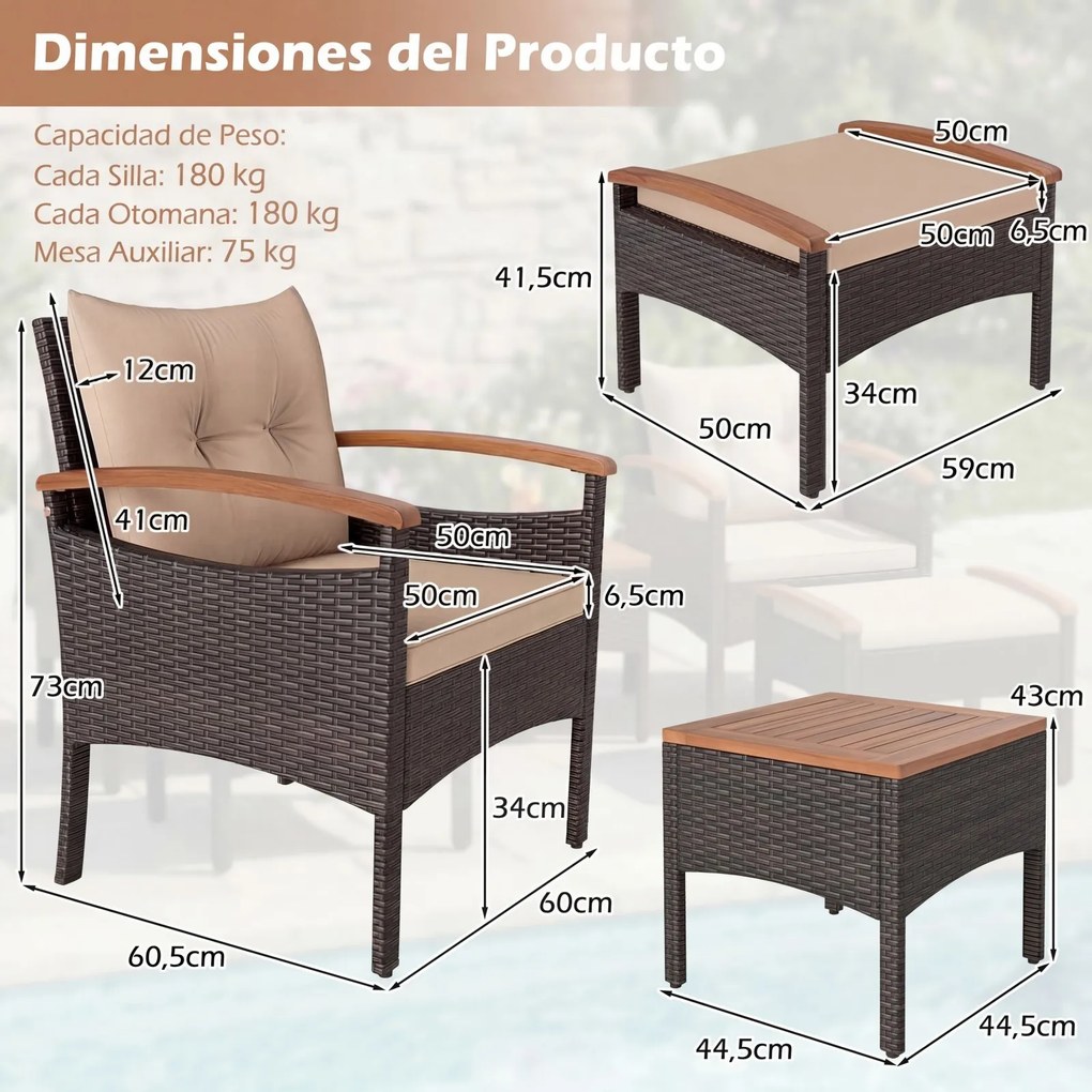 Conjunto jardim de 5 peças de vime para jardim, com 2 poltronas, 2 pufes, mesa auxiliar, almofadas e tampo em madeira de acácia Castanho misturado e a