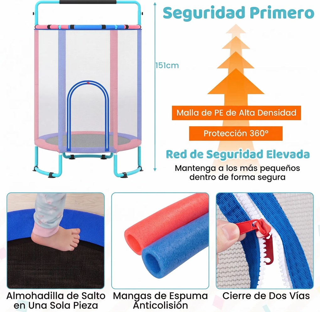 Trampolim Infantil 6 em 1, 140 x 140 x 214 cm, com Rede de Segurança, Azul